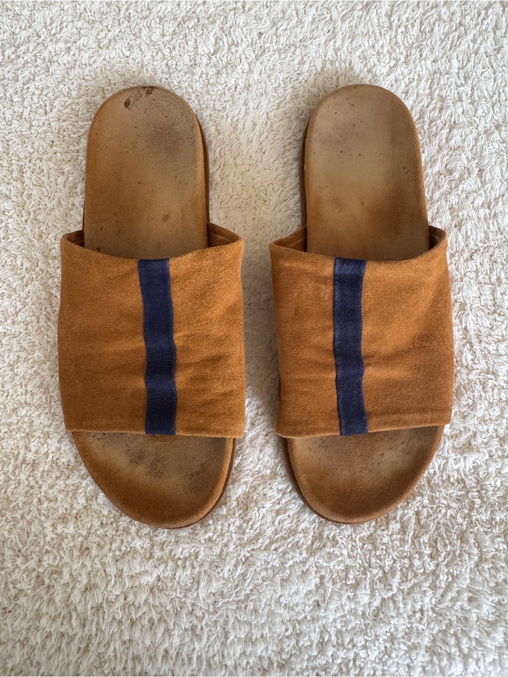 beek Crest Leather Slide Sandals Size 7 | Tan & Navy